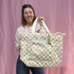 NWT tan checkered palm trees Tote Bag with Versatile Handles